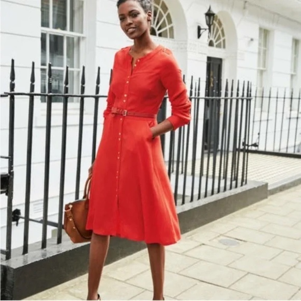 Boden Red Ashborne Midi Dress Shirtdress Size 10 Petite with Pockets